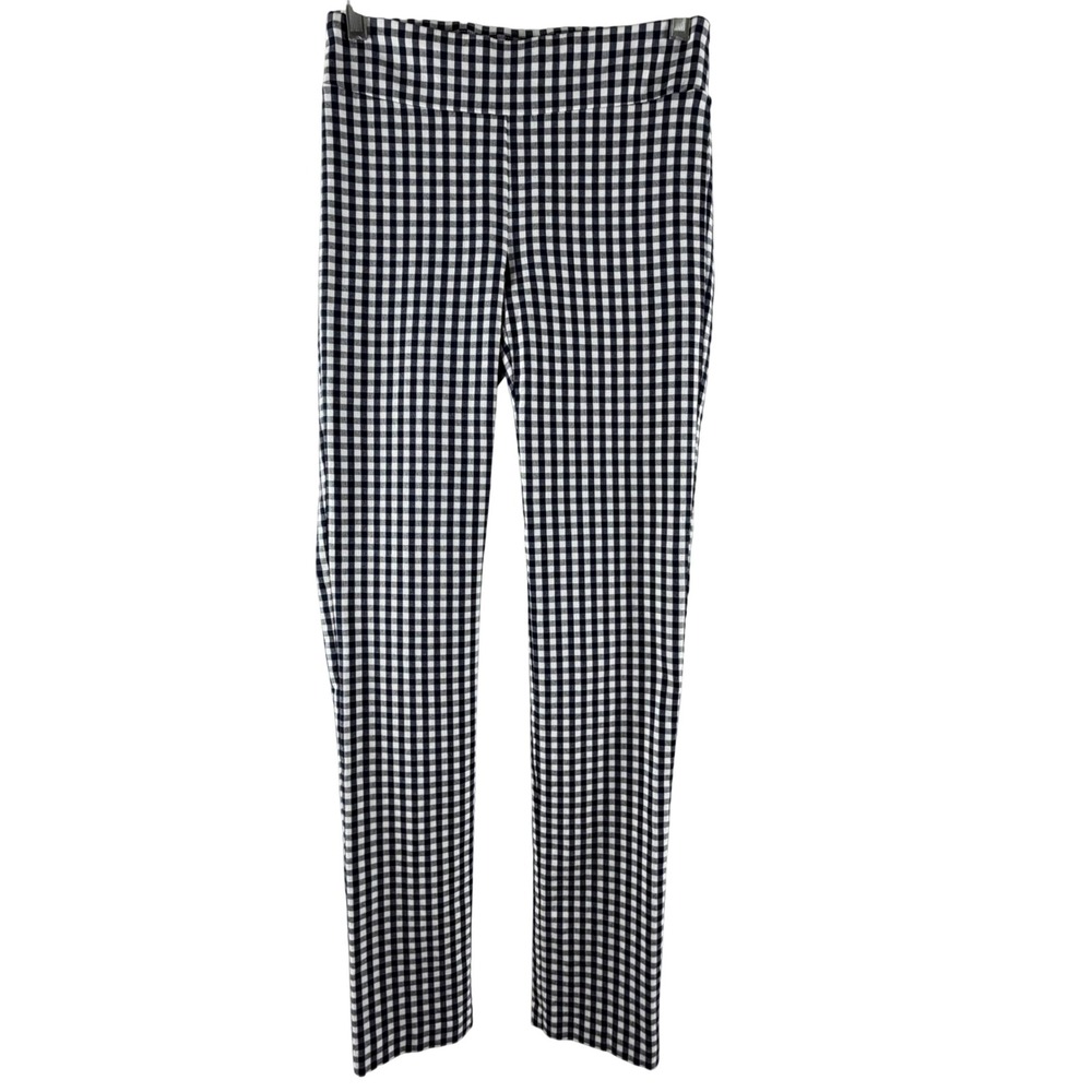 J.McLaughlin Gingham Pull On Pants Womens 2 Navy Blue White Slim Leg Stretch
